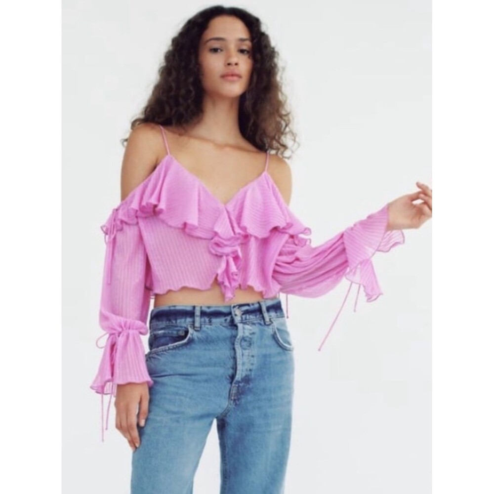 Zara Purple Pleated Ruffle Sheer Sleeves Ties Top Dainty Fairy Chic L